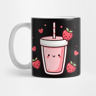 Cute Kawaii Strawberry Milkshake with Strawberries and Hearts | Kawaii Food Mug